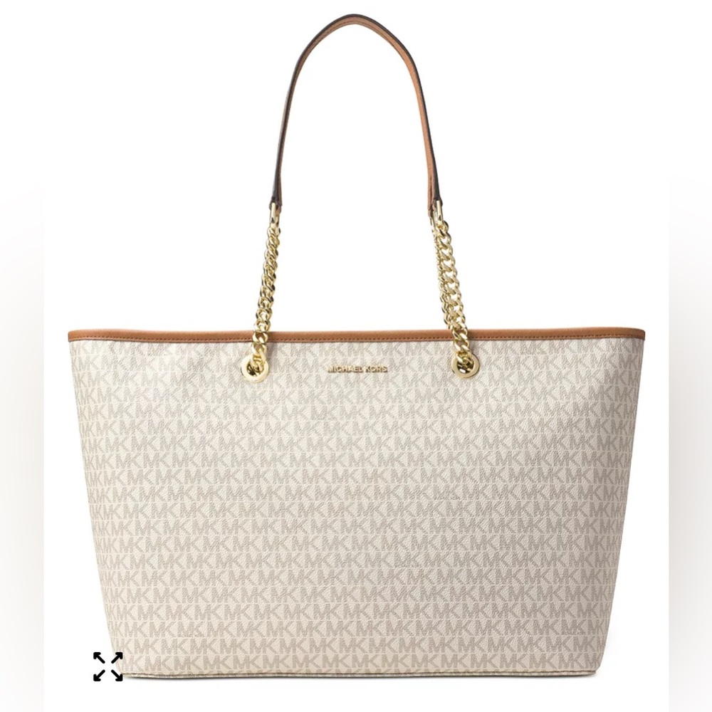 Michael Kors Jet Set Travel Chain Medium Tote – Signature Logo Canvas, Tan Trim